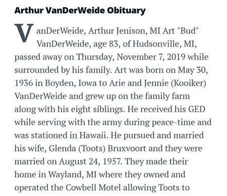 Cowbell Motel - Arthur Vanderweide Obituary 2019 (newer photo)